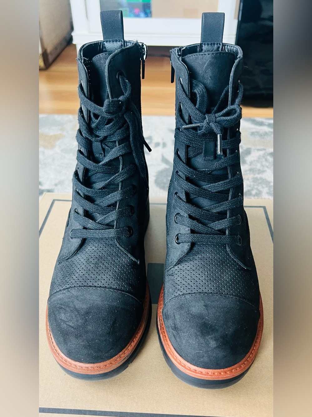 MIA Black Lace-Up Side zipper Ankle Boots with Brown Trim - like new condition